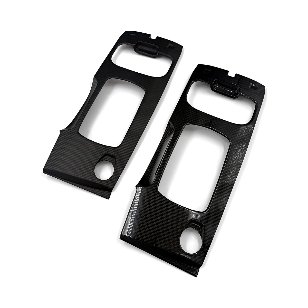 Matte twill and gloss twill FG Falcon carbon fibre shifter surround overlays side by side