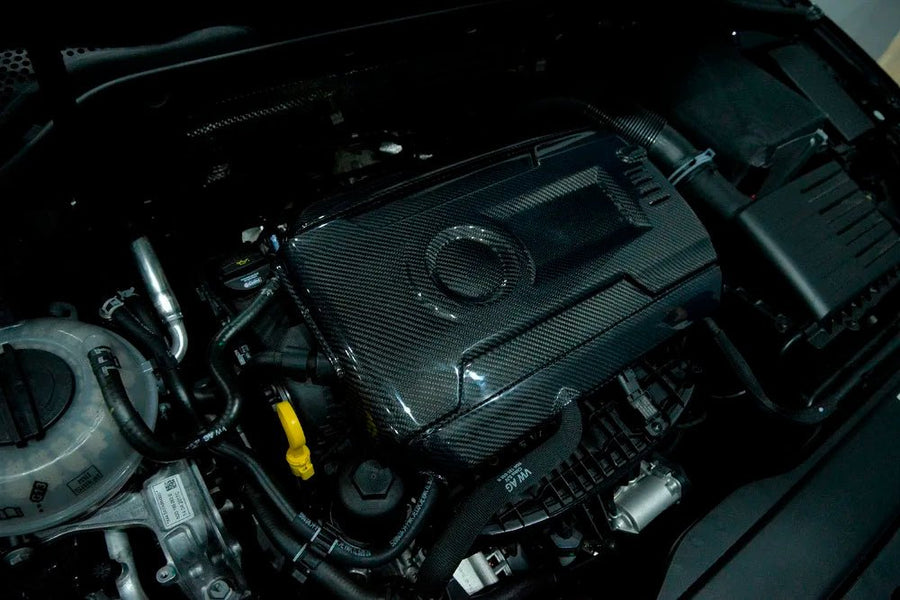 Carbon fibre engine cover installed on VW Golf GTI MK7 engine bay EA888 real car fitment photo