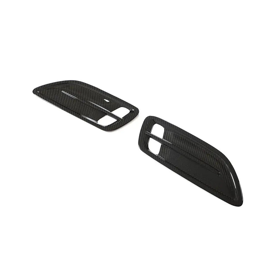 Pair of Kia Stinger GT dry carbon fibre bonnet hood vent covers top view – direct replacement carbon fibre hood inserts 2018 to 2023