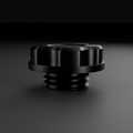 Side view of black billet Barra oil filler cap showing thread