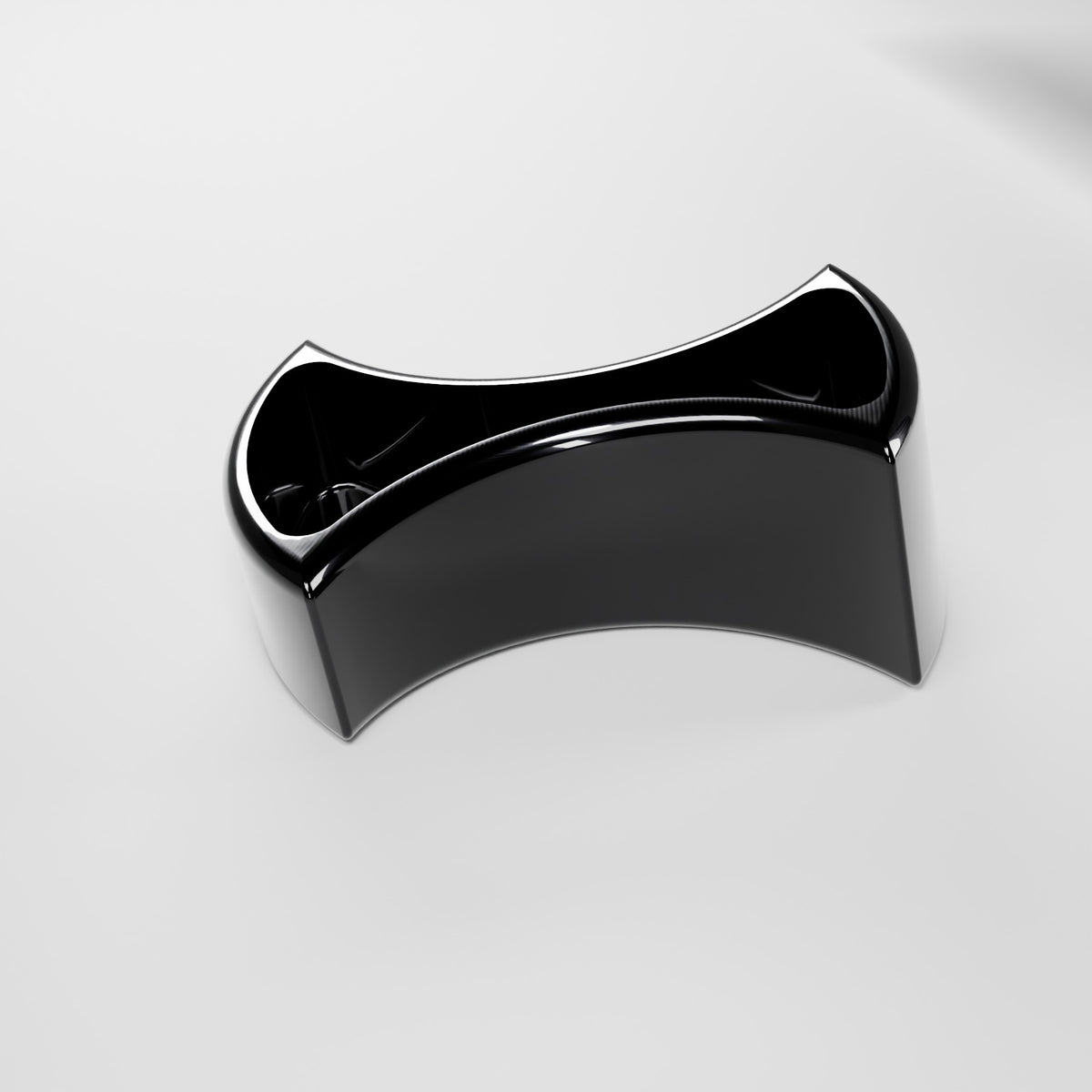 Render: FG Falcon billet cupholder divider, gloss black anodised, underside with machined pocket