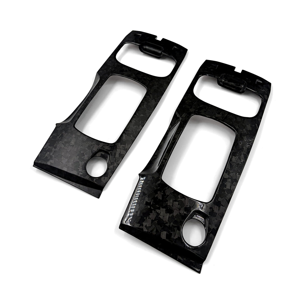 Matte forged and gloss forged FG Falcon carbon fibre shifter surround overlays side by side