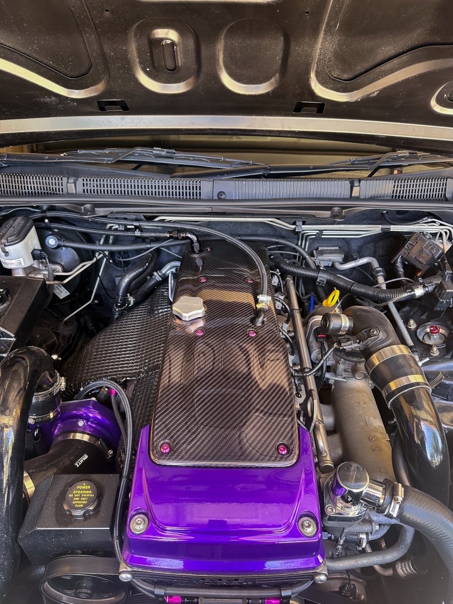FG Falcon carbon coil cover installed on Barra engine bay showing perfect fitment