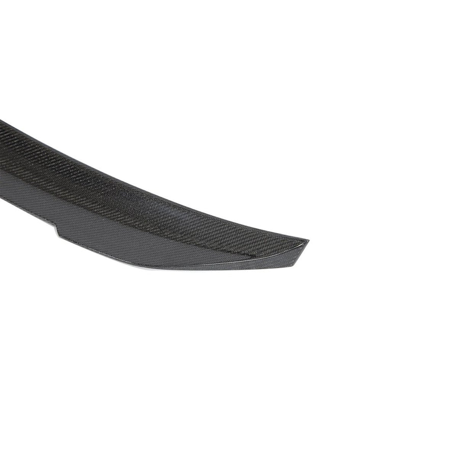 Kia Stinger GT carbon fibre rear boot spoiler front angle view – dry carbon fibre wing for 2018 to 2023 Stinger GT and GT-Line models