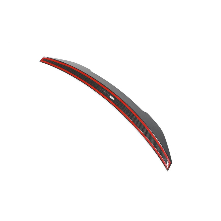 Kia Stinger GT carbon fibre rear spoiler underside showing 3M adhesive mounting strip – easy install boot lid wing for 2018 to 2023 Stinger