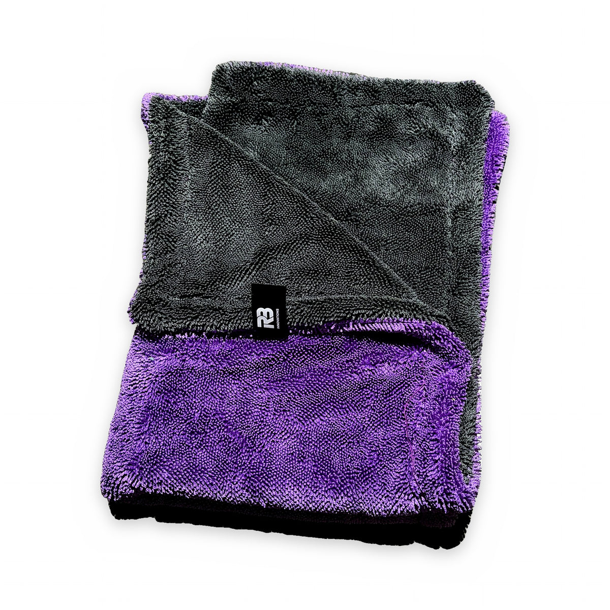 RB Innovations 1300GSM twisted loop microfibre drying towel, purple and black sides with RB label