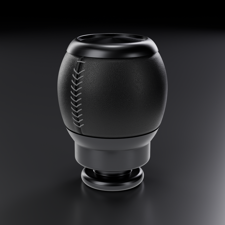 Ford Falcon FG/FG-X billet manual shift knob in brushed black anodised finish with black leather and grey stitching, product render