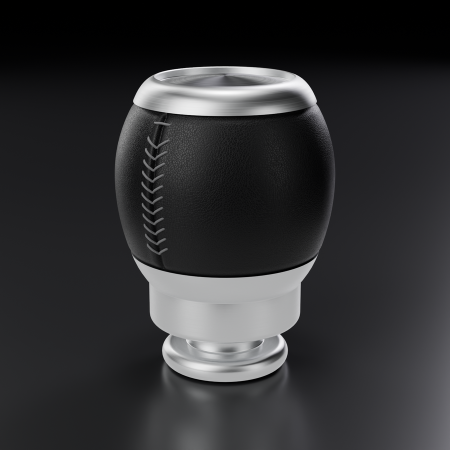 Ford Falcon FG/FG-X billet manual shift knob in brushed aluminium with black leather and grey stitching, product render